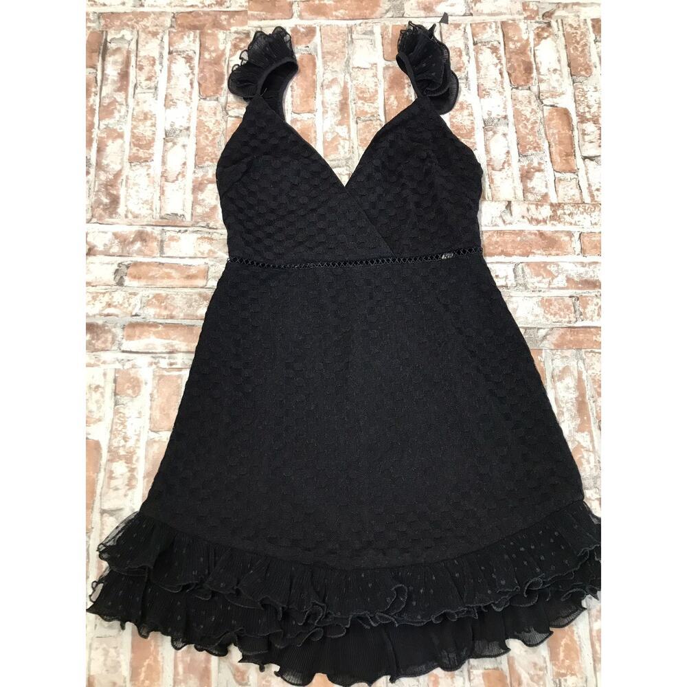 Angel Biba mini Party Lace Ruffle BLACK ruffled V-Neck Strappy Dress US SZ 6